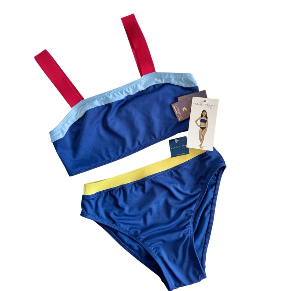 New Habitual Kids Blue, Red, and Yellow Two Piece Swimsuit Sz 12 Top 10 Bottoms